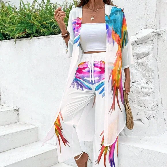 Yellow Casual Women's Tropical Floral 3/4 Sleeve Cardigan & Pants Set - Picture 5 of 6